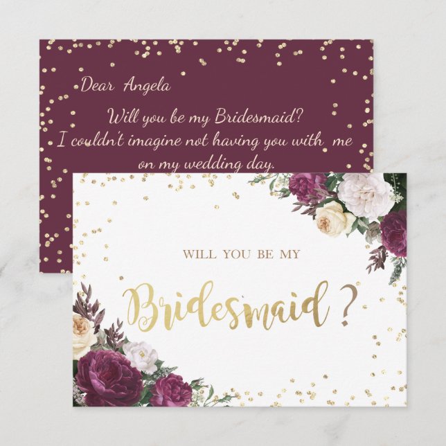 Gold Diamonds Burgundy Floral Bridesmaid Card (Front/Back)