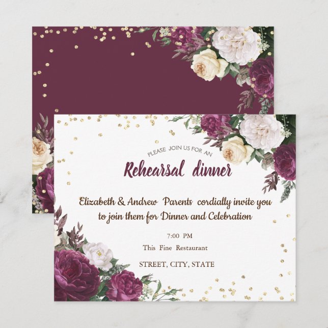 Gold Diamonds Burgundy Floral Rehearsal Dinner Invitation (Front/Back)