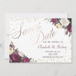 Gold Diamonds Burgundy Floral Save The Date