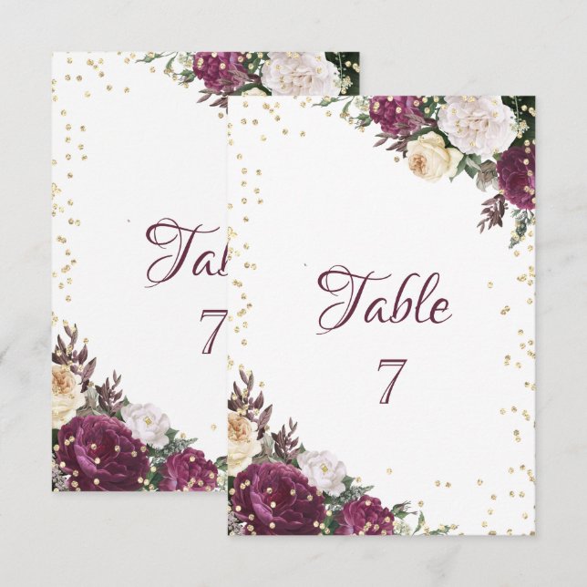Gold Diamonds Burgundy Floral Table Card (Front/Back)