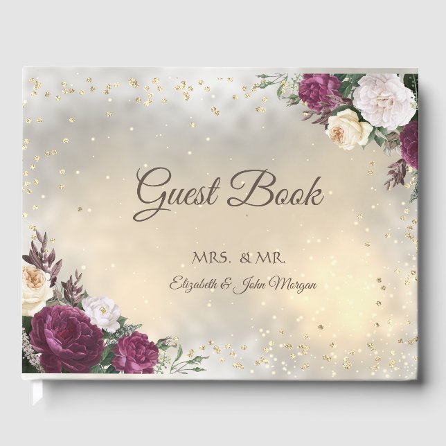 Gold Diamonds Burgundy Floral Wedding Guest Book (Front)