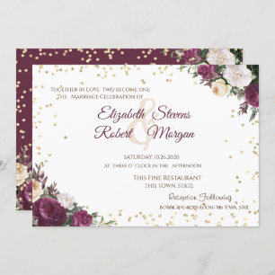Gold Diamonds Burgundy Floral Wedding Invitation