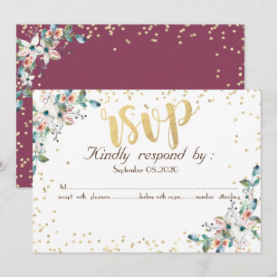 Gold Diamonds Burgundy Flowers  RSVP Invitation