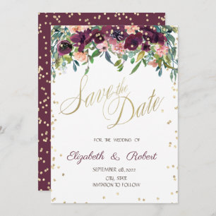 Gold Diamonds Burgundy Flowers Save The Date