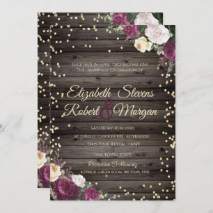 Gold Diamonds Burgundy Flowers Wood Invitation