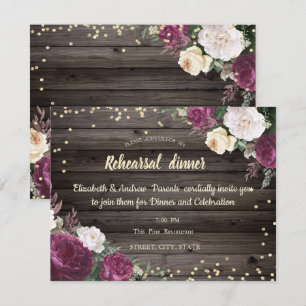 Gold Diamonds Burgundy Flowers Wood Rehearsal Inv Invitation