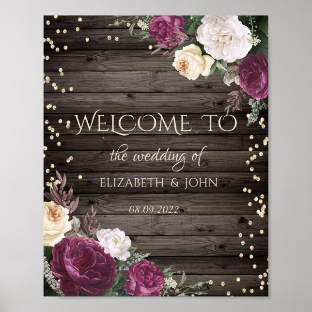 Gold Diamonds Burgundy Flowers Wood Save The Date Poster (Front)
