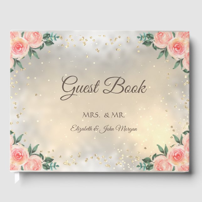 Gold Diamonds Burgundy Roses Wedding Guest Book (Front)