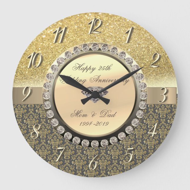 Gold Diamonds Damask  25th Wedding Anniversary Large Clock (Front)