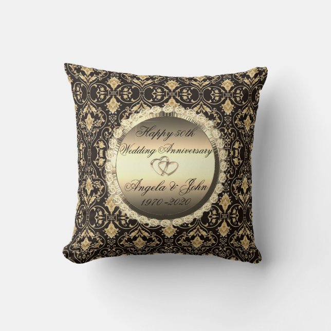 Gold Diamonds Damask 50th Wedding Anniversary Throw Pillow (Front)