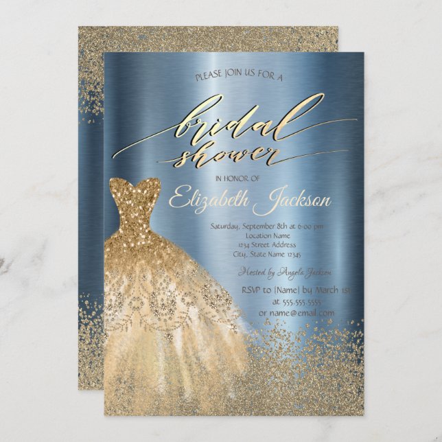 Gold Diamonds Dress Blue Metallic Bridal Shower Invitation (Front/Back)