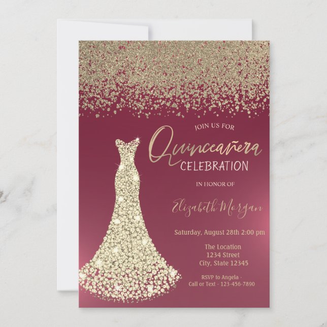 Gold Diamonds Dress Red Quinceanera  Invitation (Front)