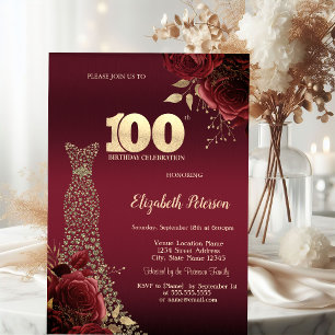 Gold Diamonds Dress Red Roses 100th Birthday Invitation