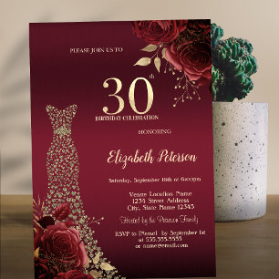 Gold Diamonds Dress Red Roses 30th Birthday Invitation