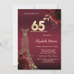 Gold Diamonds Dress Red Roses 65th Birthday Invitation