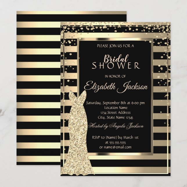 Gold Diamonds, Dress Striped Frame Bridal Shower Invitation (Front/Back)
