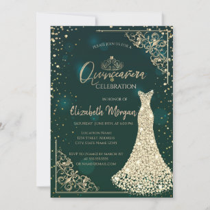 Gold Diamonds Dress Tiara Green Quinceañera  Invitation