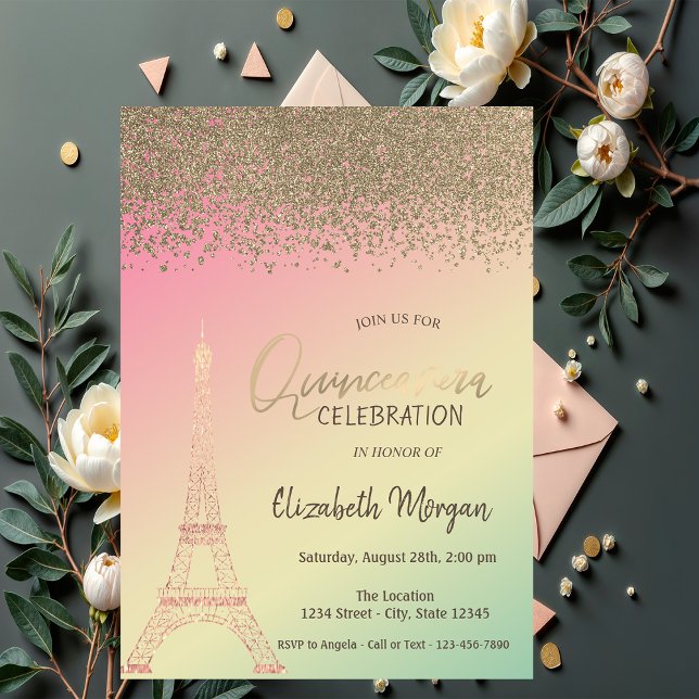 Gold Diamonds,Eiffel Tower Ombre Quinceañera Invitation (Creator Uploaded)