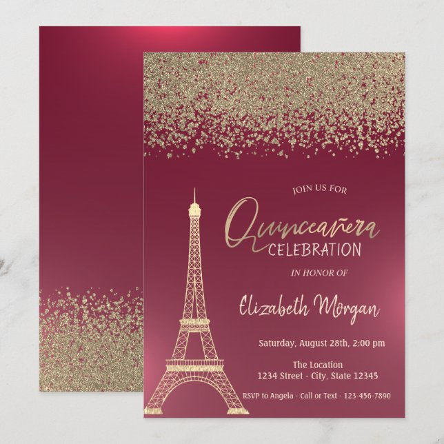 Gold Diamonds,Eiffel Tower Red Quinceanera Invitation (Front/Back)