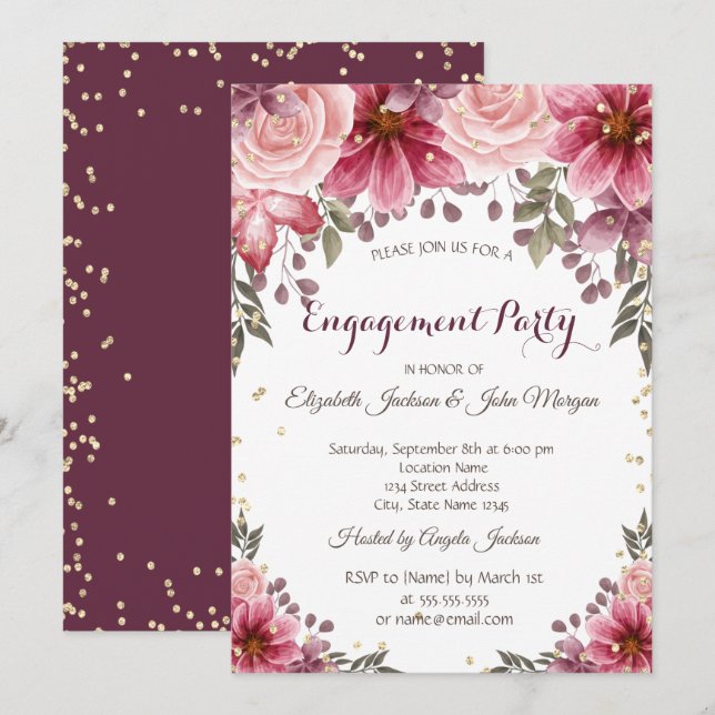 Gold Diamonds Floral Burgundy Engagement Invitation (Front/Back)