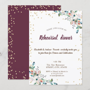 Gold Diamonds Flowers Burgundy Rehearsal Dinner Invitation
