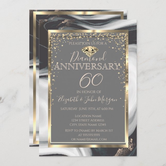 Gold  Diamonds Frame Marble Wedding Anniversary Invitation (Front/Back)
