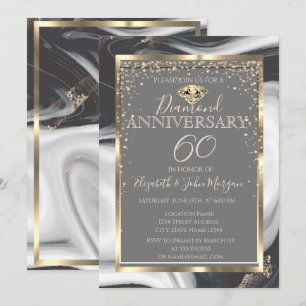 Gold  Diamonds Frame Marble Wedding Anniversary Invitation