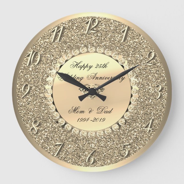 Gold Diamonds,Glitter  25th Wedding Anniversary Large Clock (Front)