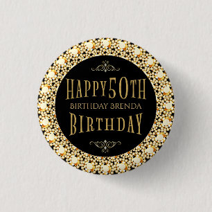 Gold Diamonds Glitter Happy 50th Birthday Template 1 Inch Round Button