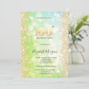 Gold Diamonds Green Blue Bokeh 100th Birthday   Invitation