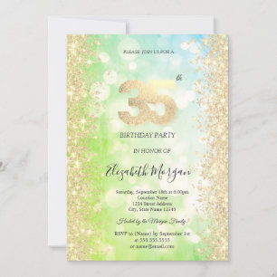 Gold Diamonds Green Blue Bokeh 35th Birthday   Invitation
