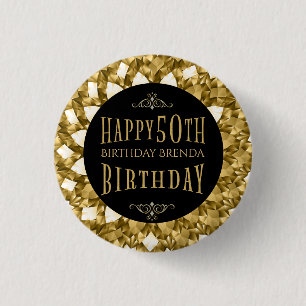 Gold Diamonds Happy 50th Birthday Text 1 Inch Round Button