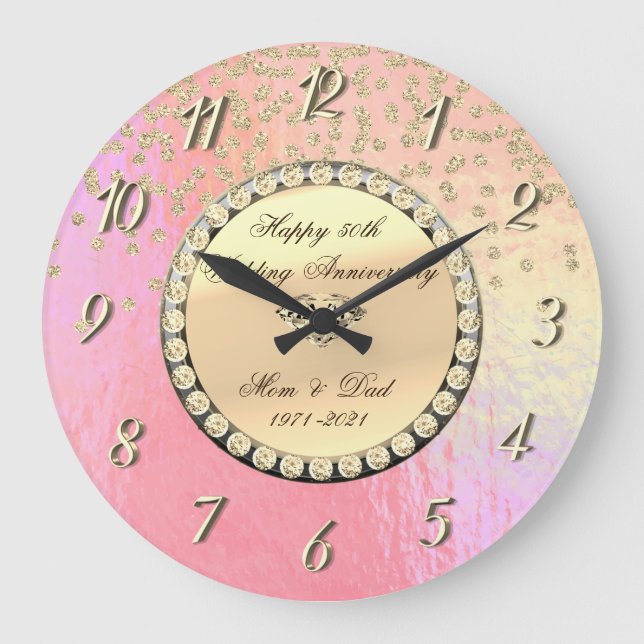 Gold Diamonds Holographic 25th Wedding Anniversary Large Clock (Front)