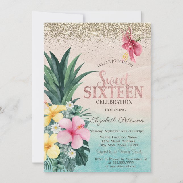Gold Diamonds, Pineapple Beach Sweet 16 Invitation (Front)