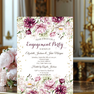 Gold Diamonds Pink Flowers Engagement  Invitation