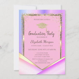Gold Diamonds Pink Violet Graduation  Invitation