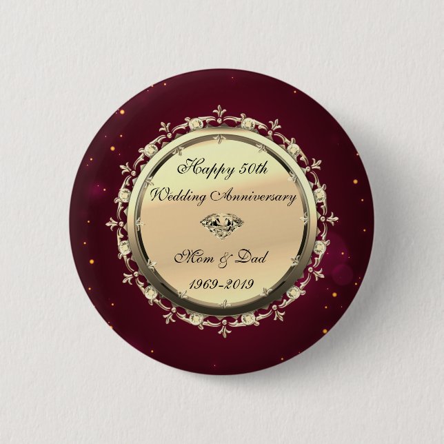 Gold Diamonds Red  50th Wedding Anniversary 2 Inch Round Button (Front)
