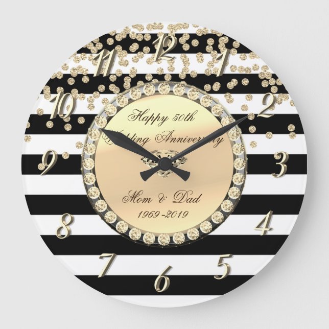 Gold Diamonds,Stripes  25th Wedding Anniversary Large Clock (Front)