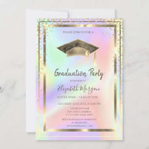 Gold Diamonds,Watercolor Grad Cap Holographic Invitation