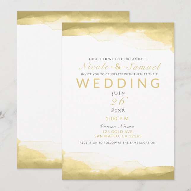 Gold Dijon Mustard Watercolor Modern Chic Wedding Invitation (Front/Back)