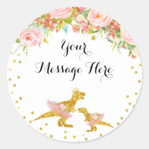 Gold Dino Pink Flower Thank You sticker