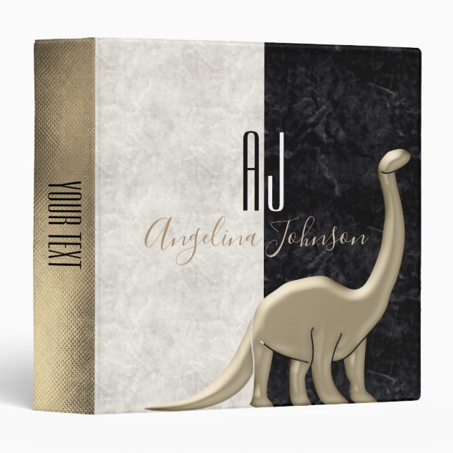 Gold Dinosaur Black and White Marble Monogram Binder (Front/Spine)