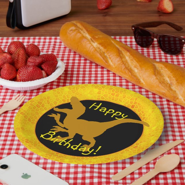 Gold Dinosaur Hide Happy Birthday! Paper Plate (Picnic)