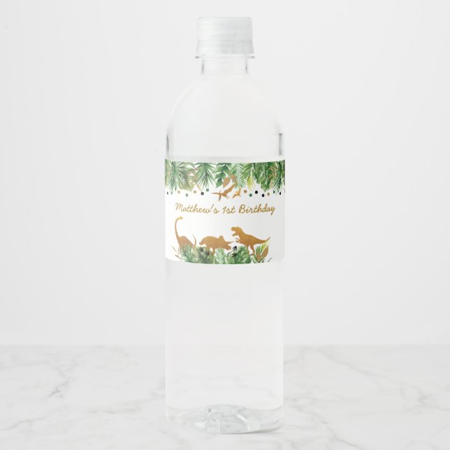 Gold Dinosaur Safari Birthday Water Bottle Label (Front)