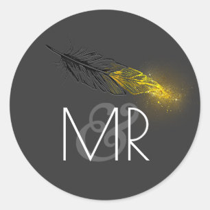 Gold Dipped Feather Glitter Black Wedding Classic Round Sticker