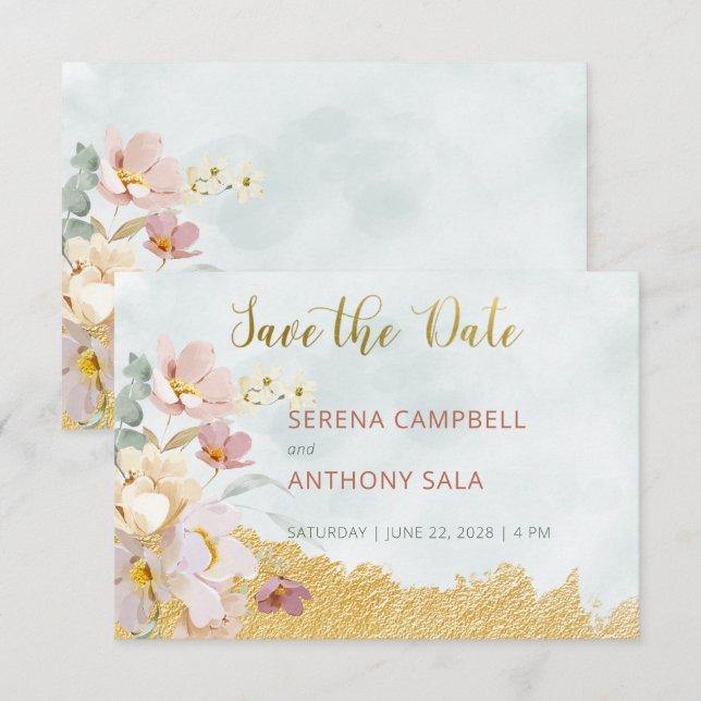 Gold Dipped Floral Save the Date Card (Front/Back)