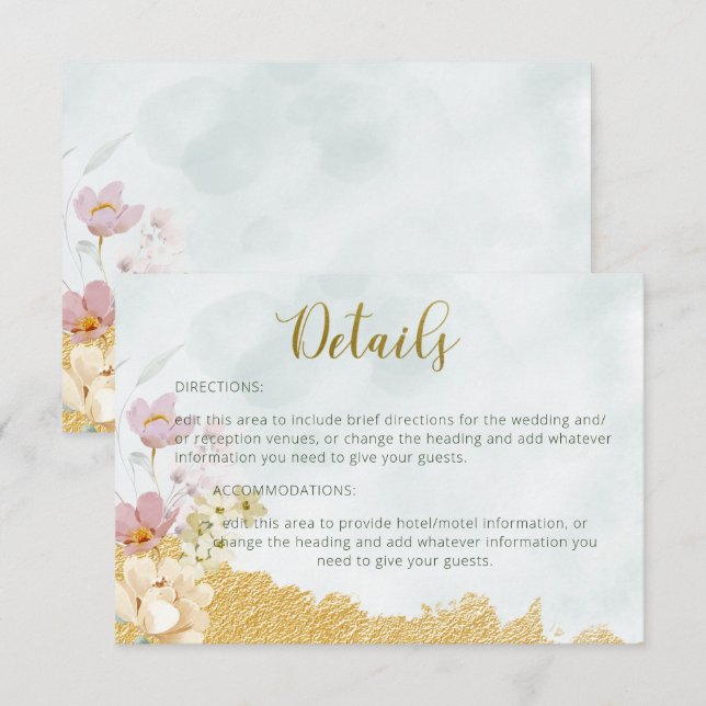 Gold Dipped Floral Wedding Details Card (Front/Back)