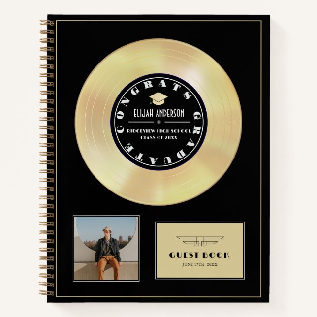 Gold Disc Vinyl Black Graduation Guest Book (Front)
