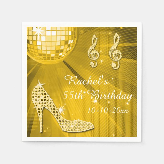 Gold Disco Ball and Heels 55th Birthday Napkin (Front)