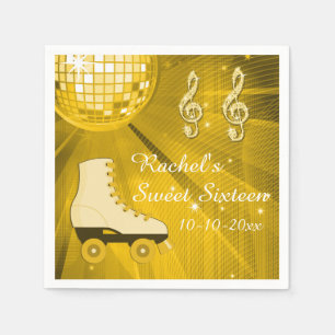 Gold Disco Ball and Roller Skates Sweet Sixteen Napkin